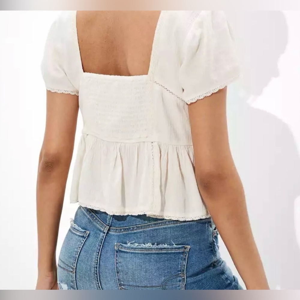 American Eagle Cropped Boho Eyelet Ruffle Top Women's Medium Cream Beach Summer - Picture 3 of 14
